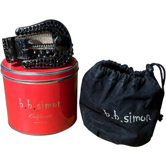 B.B. Simon Big Crystal Authentic Leather All Black Swarovski Crystal Belt